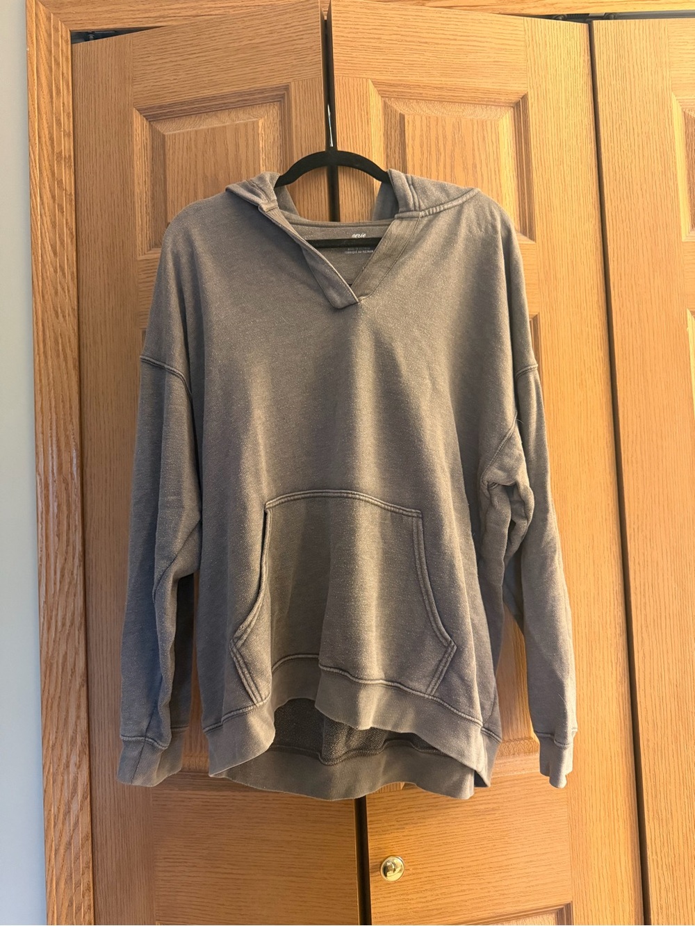 aerie Washed Gray V‑Neck Hoodie Sweater